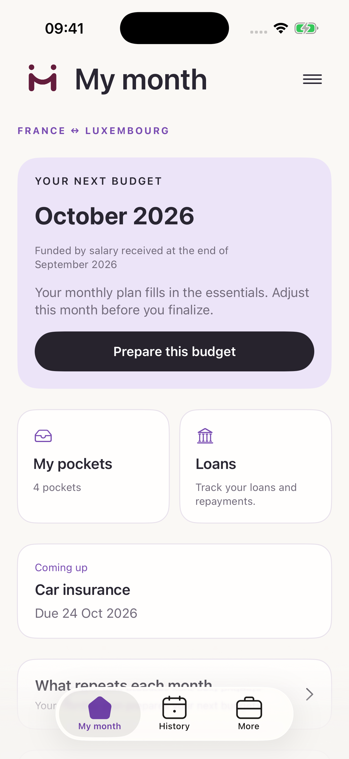 Current LëtzPay Home screen, focused on preparing the next month.