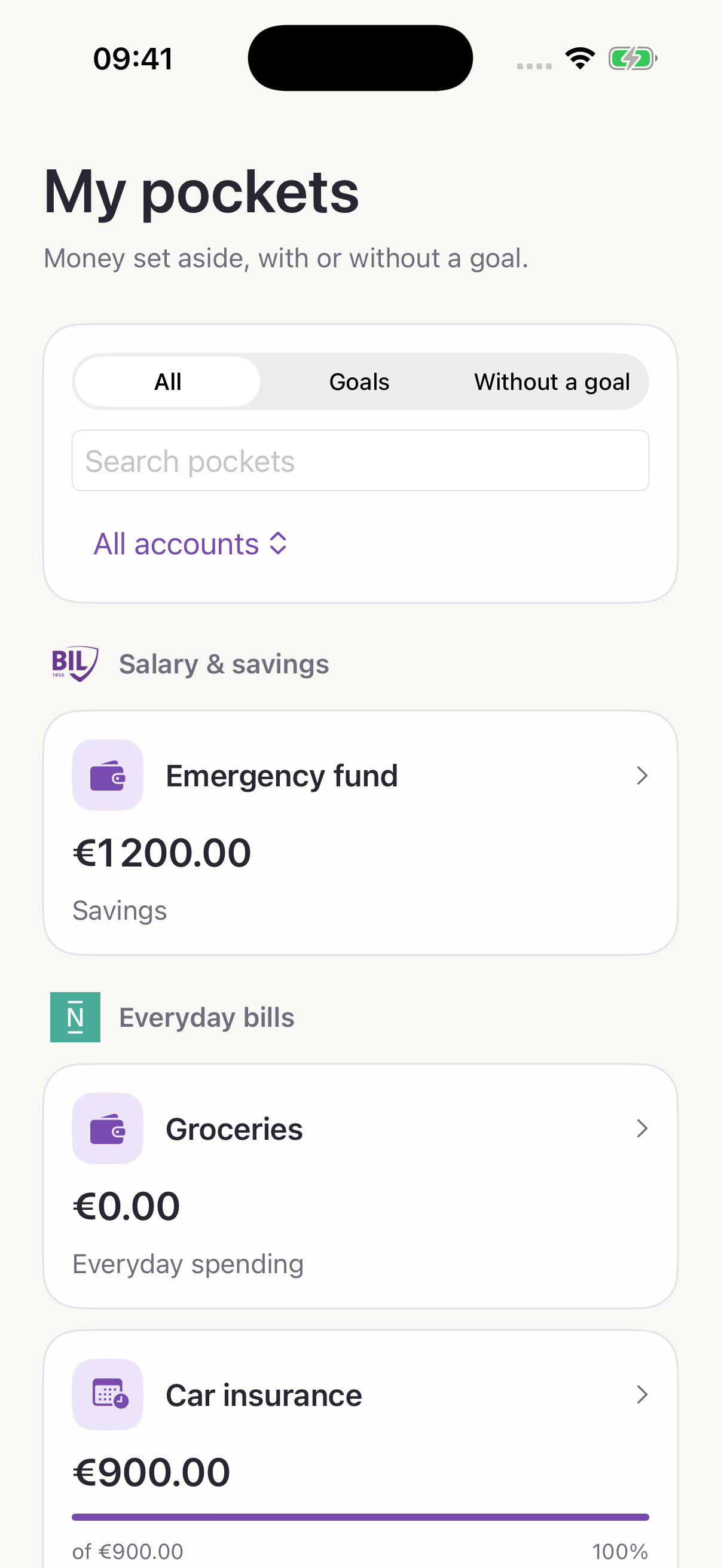 Current pockets screen groups example savings, bills and projects by account.